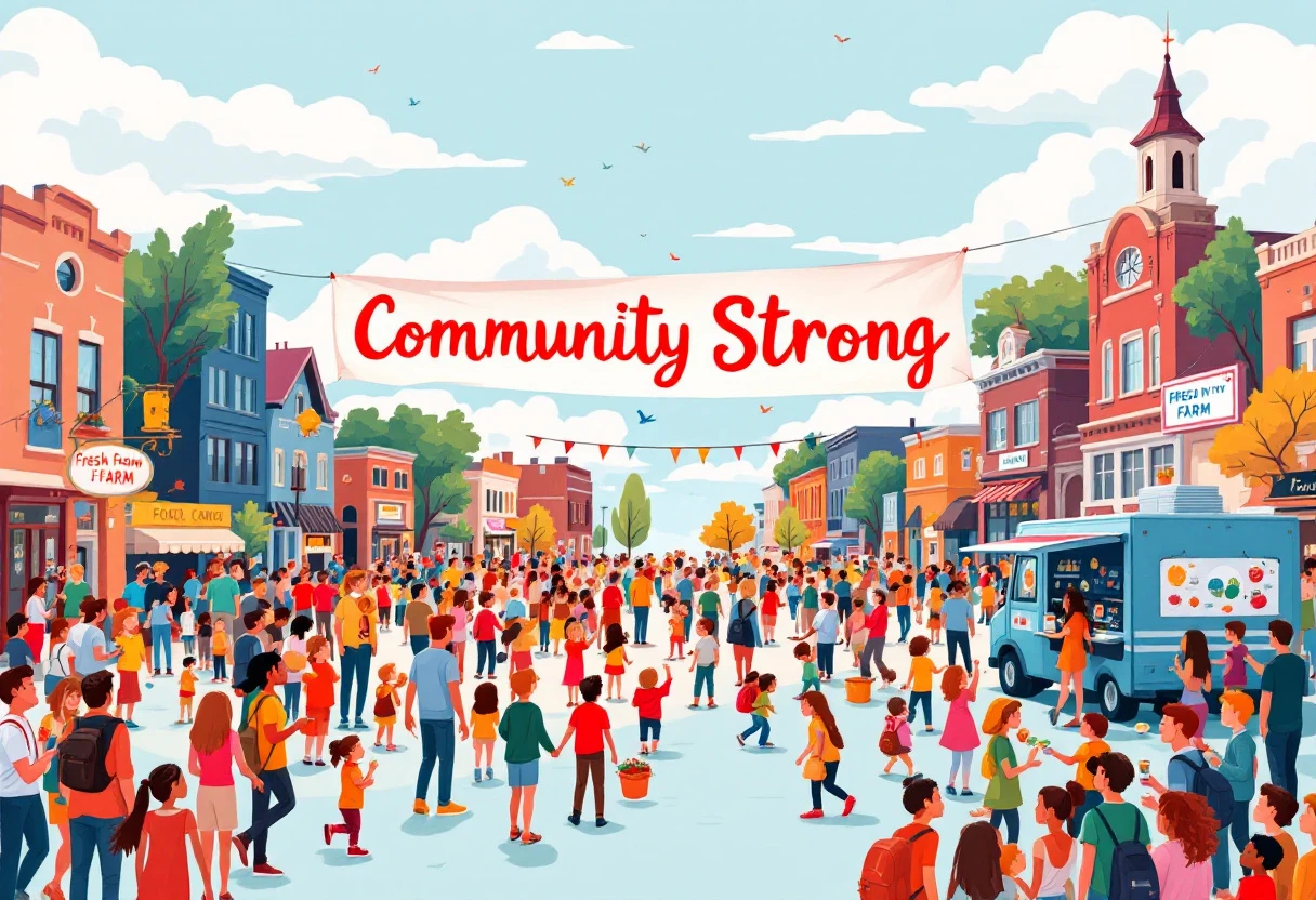 A vibrant scene showing a school community gathering, emphasizing the connection between local businesses, schools, and engaged parents.