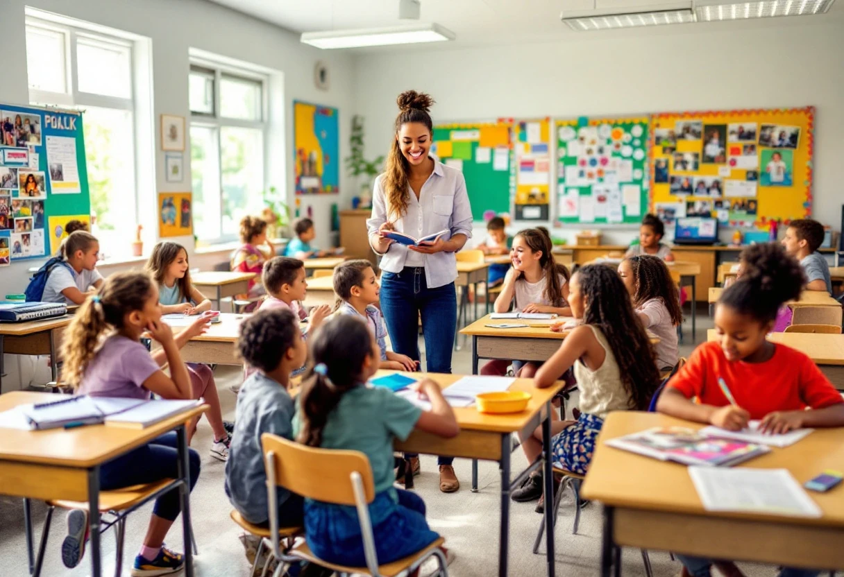 A vibrant classroom scene with students engaged in learning with a backdrop highlighting school community bonds.