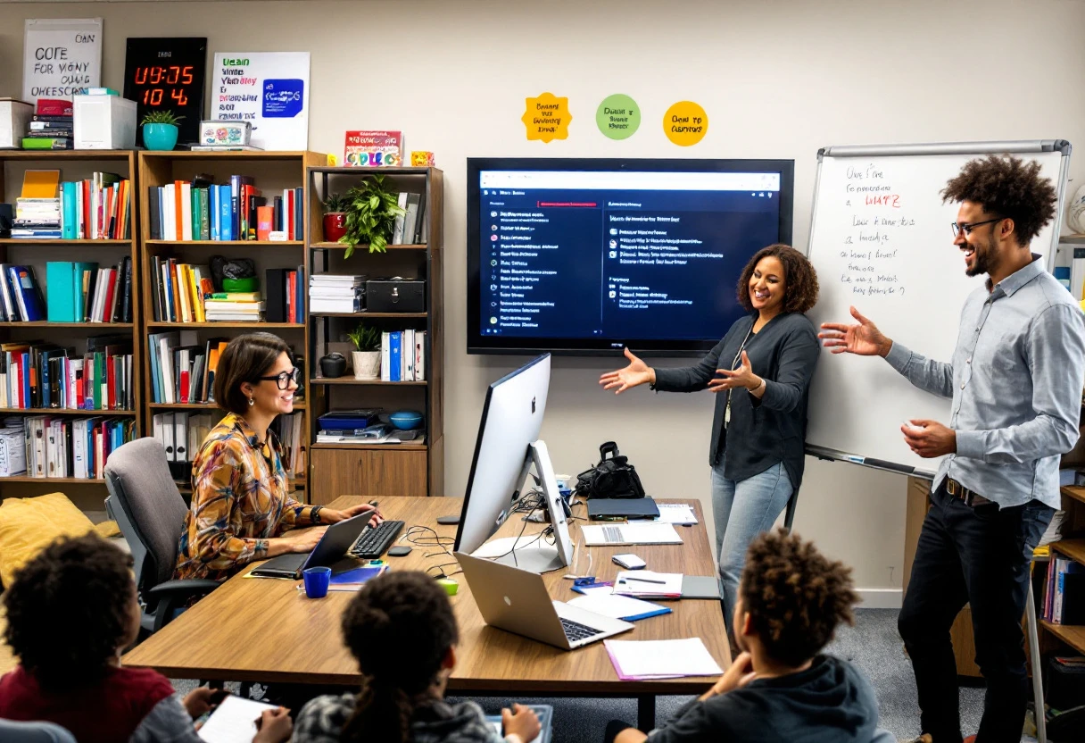 A school office with staff using computers to manage student attendance and notifications, showcasing a blend of technology and communication.