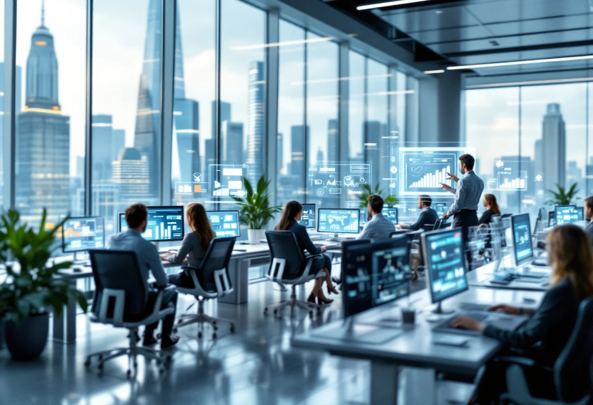 A vibrant visual of a sophisticated office setup with people engaging with AI technology, perhaps interacting with a screen displaying automated follow-up metrics.