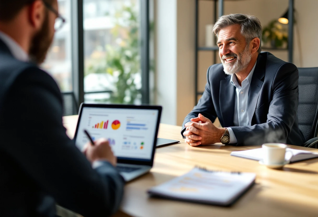 A moving professional engaged in a friendly follow-up call with a client, with notes and quotes visible on the table.