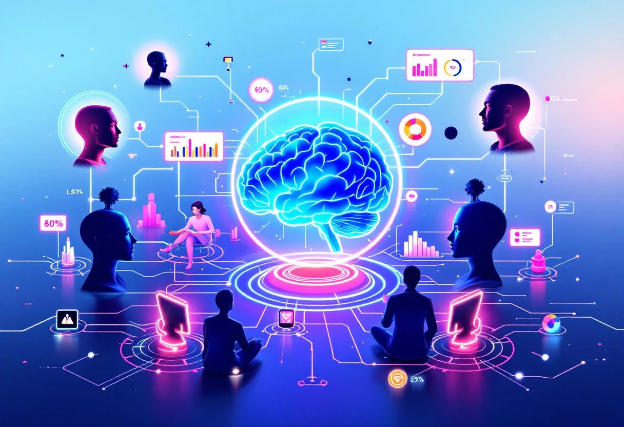A vibrant graphic illustrating the flow of online course follow-up strategies with metrics and automation tools connected.