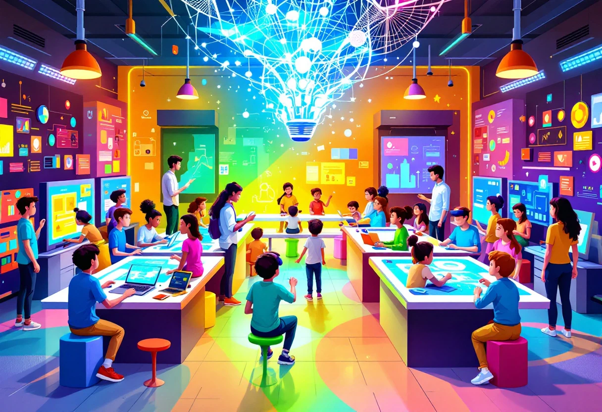 An engaging visual of a diverse group of learners interacting with technology, depicting how AI enhances their educational experience.