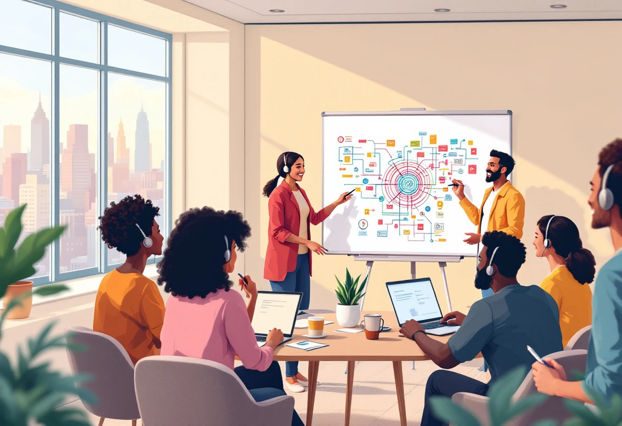 A vibrant and engaging image depicting a diverse group of online learners interacting with instructors through a video call.