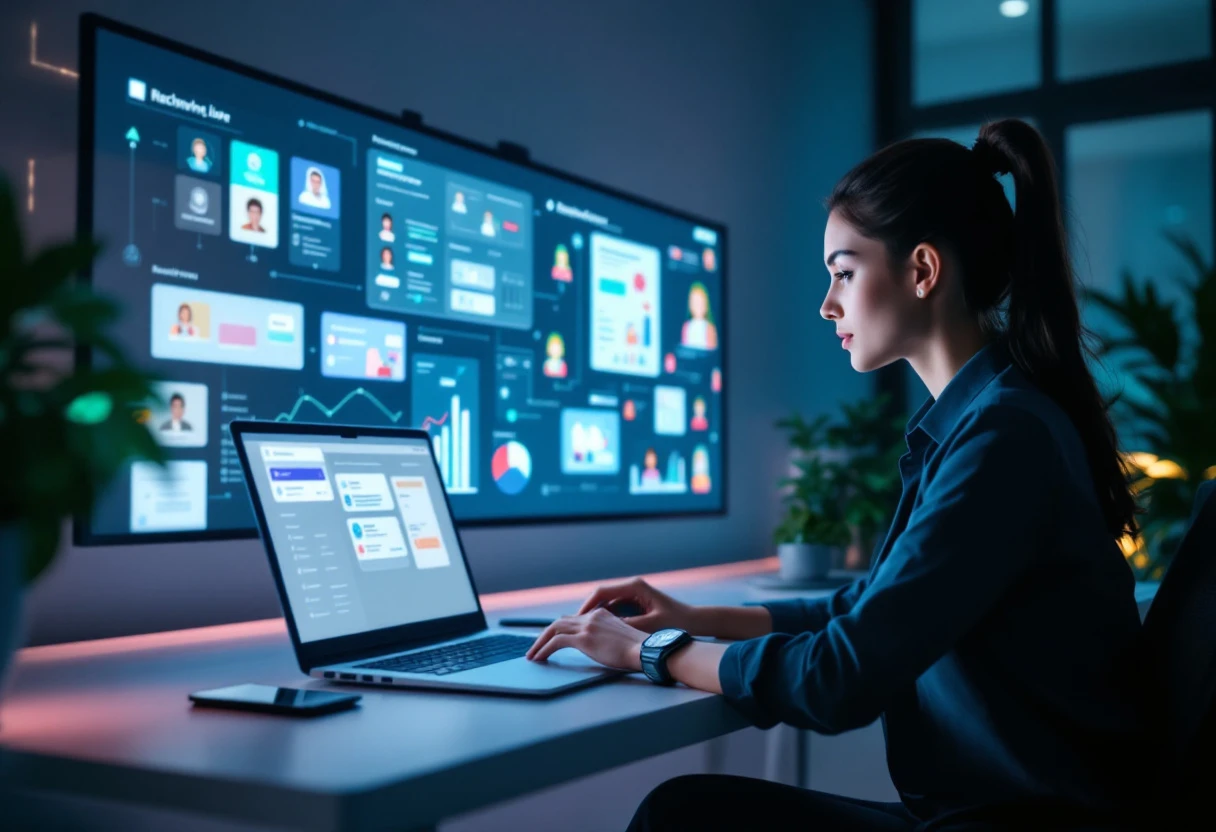 An image depicting a person engaging with multiple digital devices, highlighting the integration of technology in customer follow-up strategies.