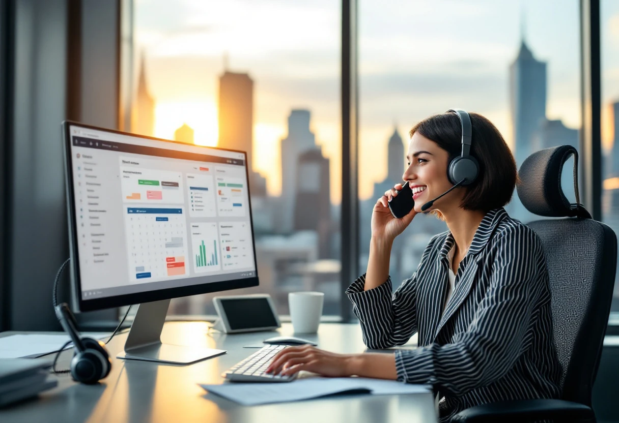 A modern office setting where a salesperson is engaging over the phone, showcasing active communication with digital tools in the background.