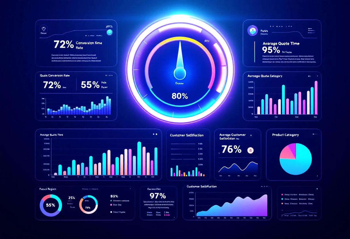 An engaging visual of a digital dashboard displaying various analytics metrics and graphs related to customer interactions and quoting performance.