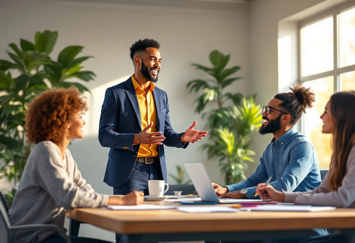 An illustration showcasing a camp director discussing AI outreach strategies with a team in a bright, engaging office environment.