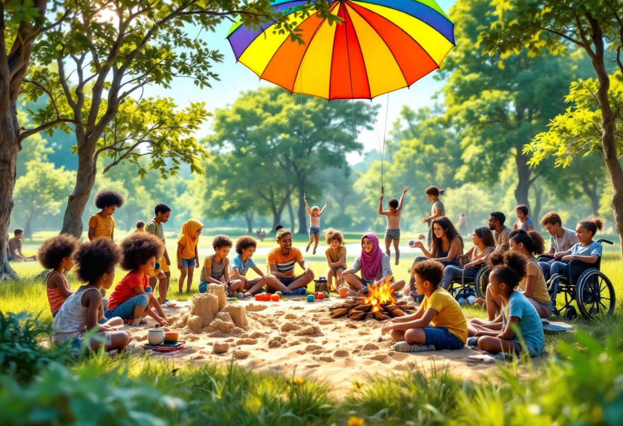 A vibrant summer camp scene showing engaged campers participating in activities, highlighting diversity and adventure.