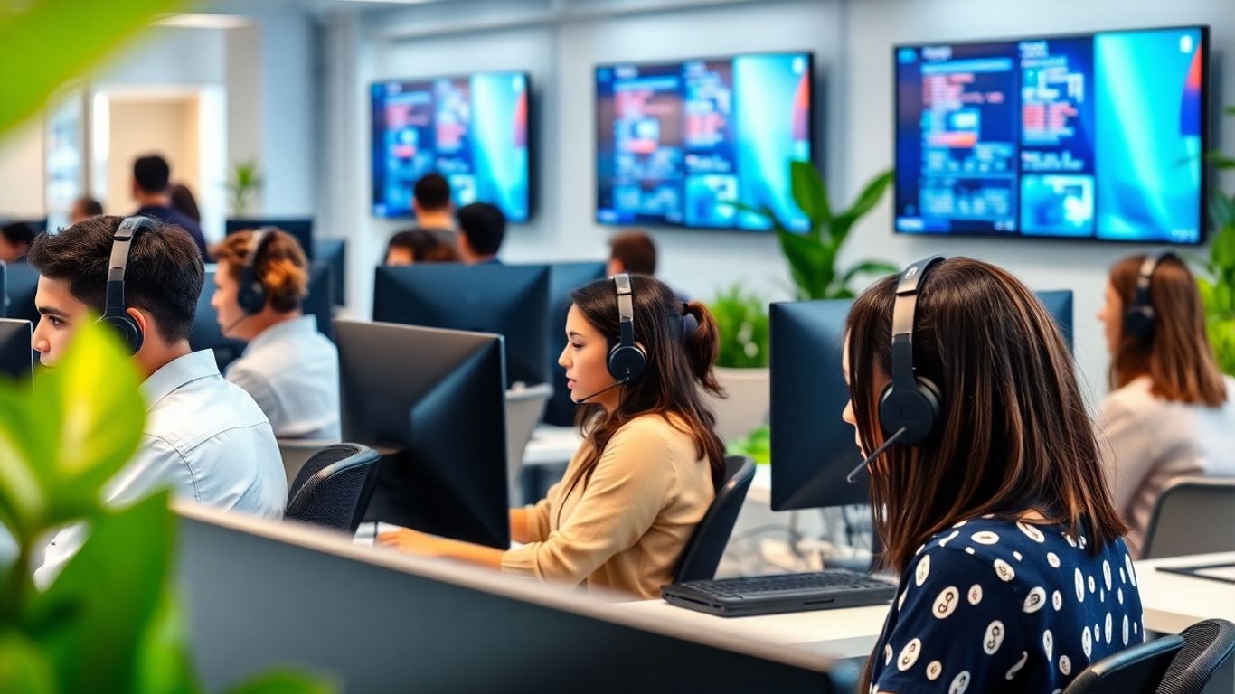 Call center agents working together in a modern office.