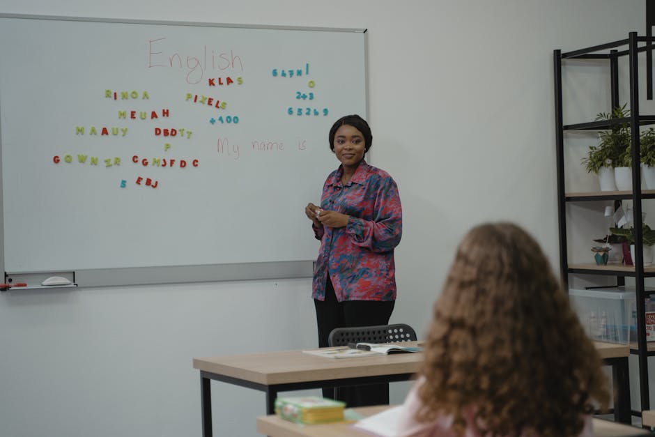 An engaging scene showing a phone agent at a desk, speaking with a prospective language student, surrounded by language learning materials.
