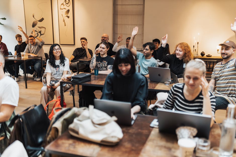 An image of a diverse group of individuals engaged in a lively role-playing training session for phone agents, with scripts and guides in hand.