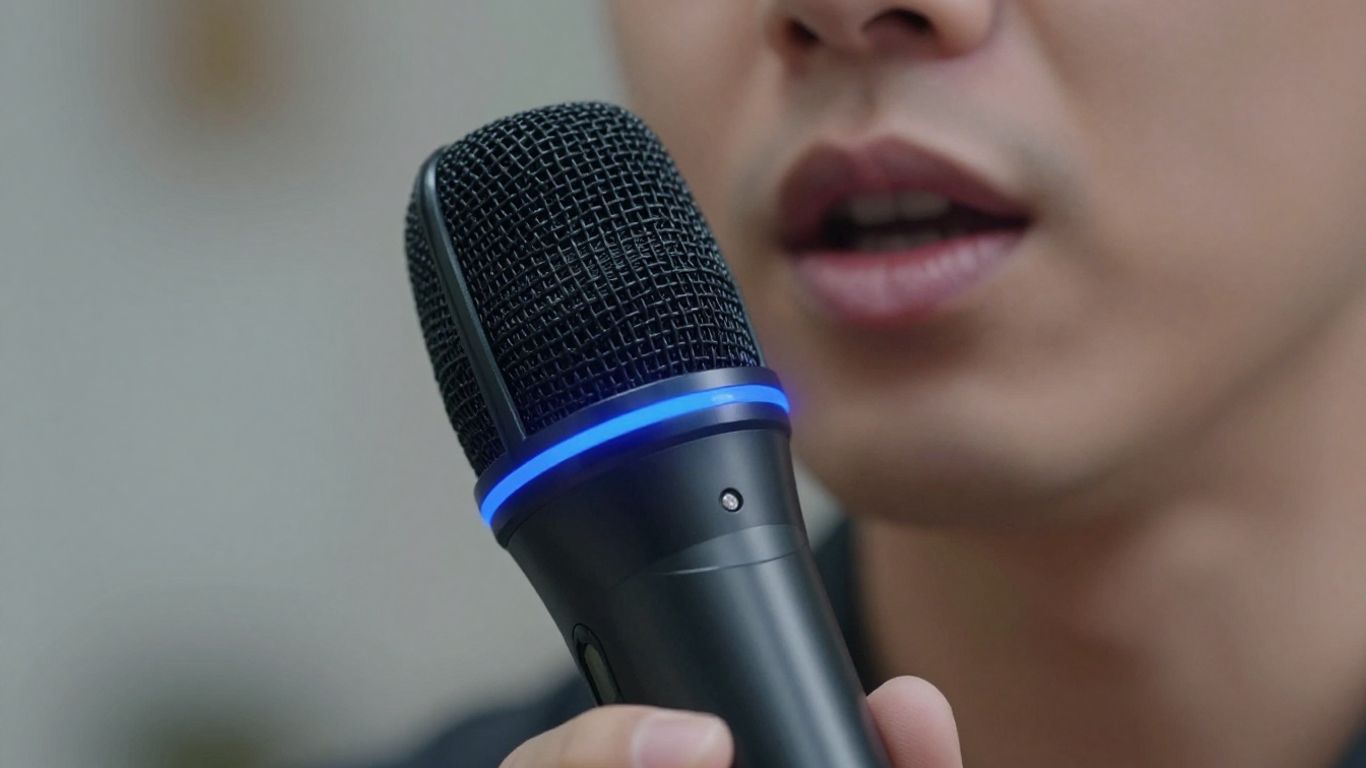 Person speaking into a futuristic microphone with blue light.