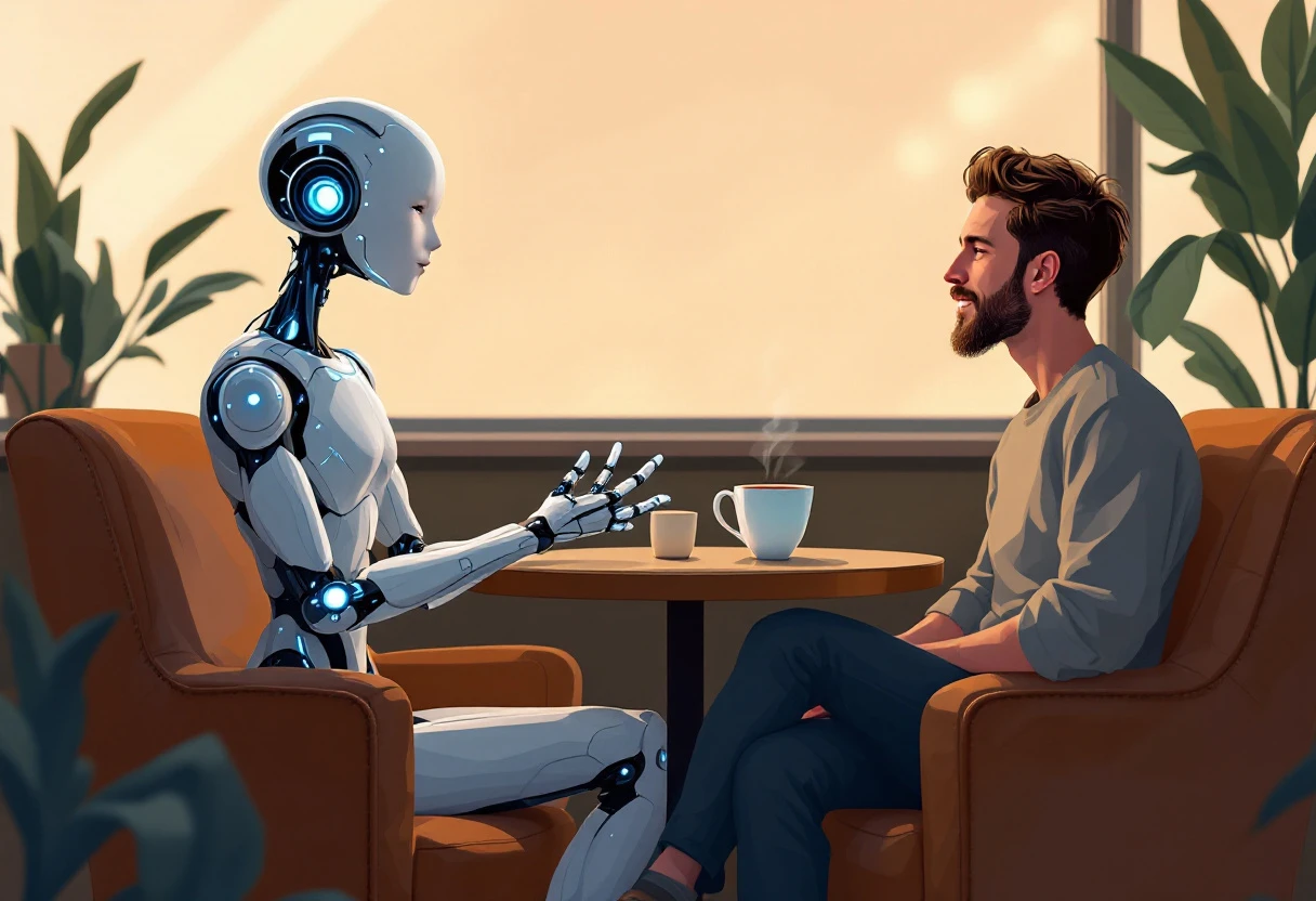 A creative image showing a digital assistant engaging with a human customer, symbolizing the intersection of technology and personal customer service.