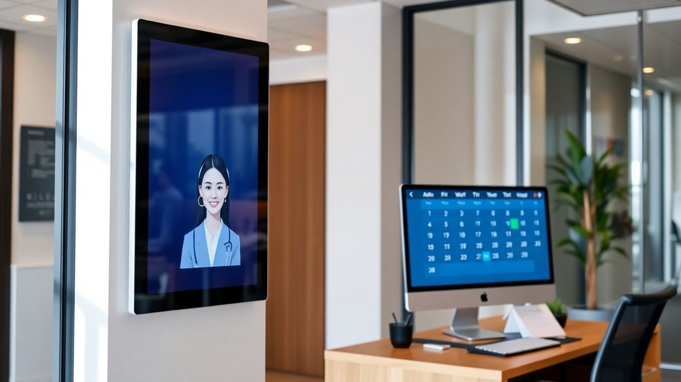Virtual assistant on monitor in office reception area.