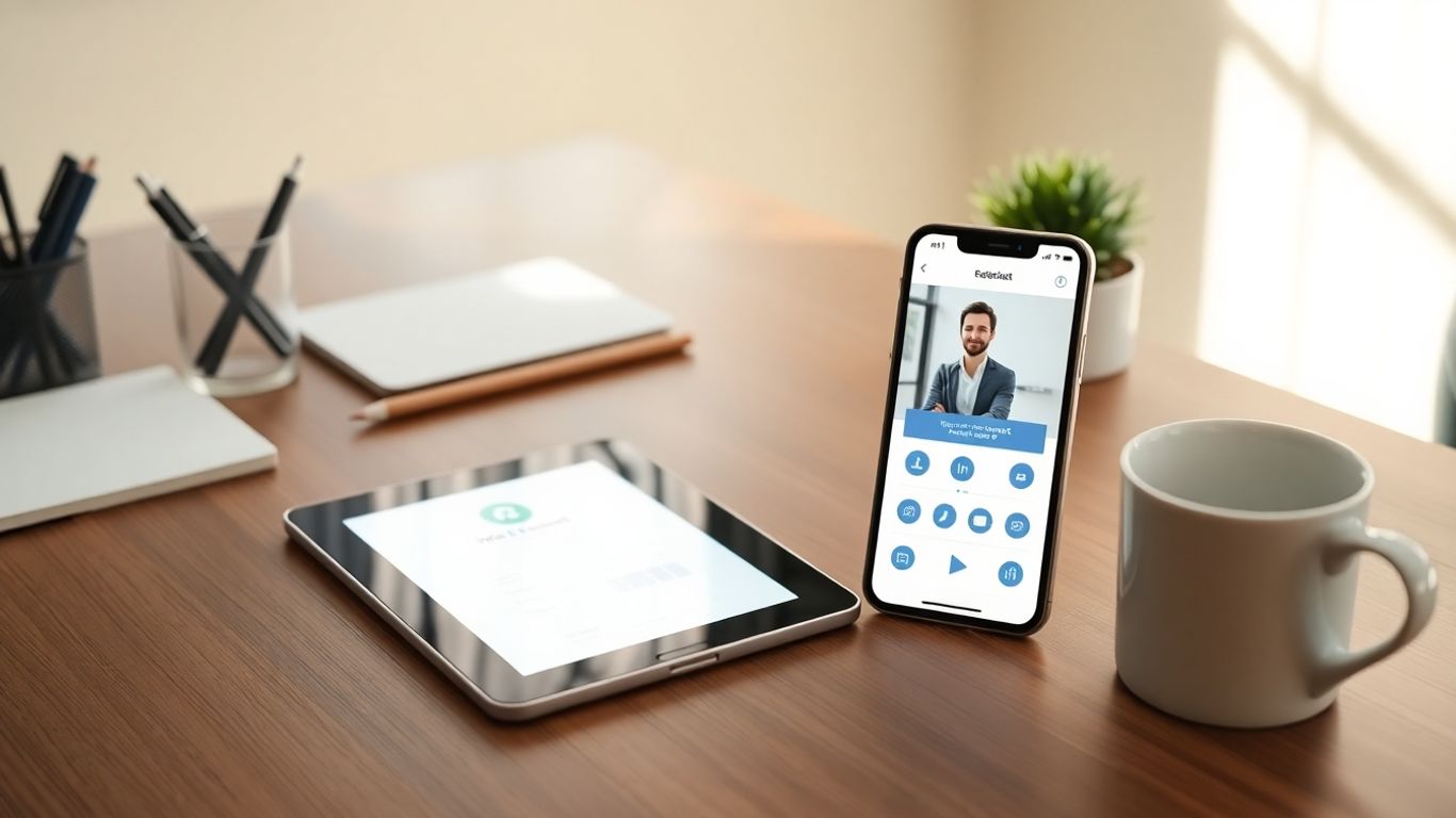 Modern desk with virtual receptionist interface technology.