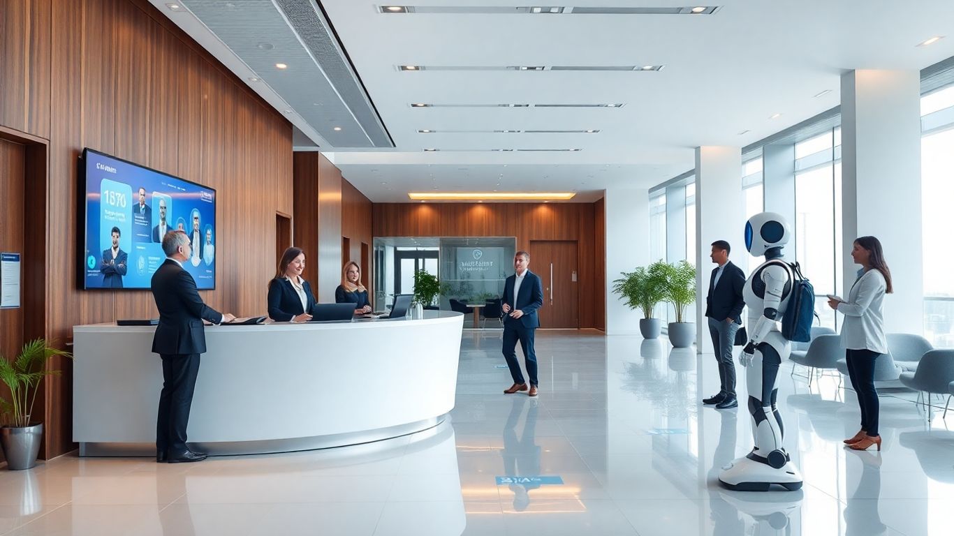 Robot receptionist assisting professionals in a modern office lobby.