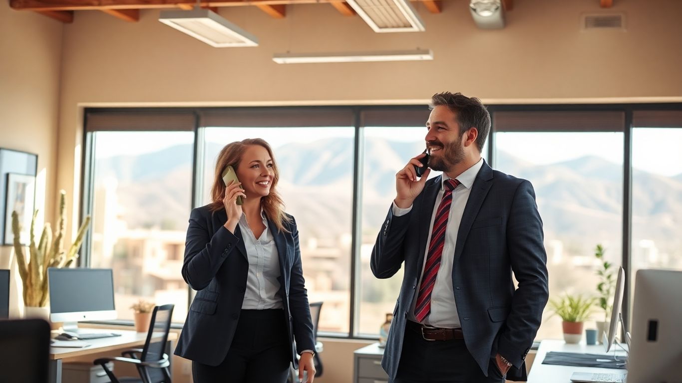 Two professionals in Albuquerque office on the phone