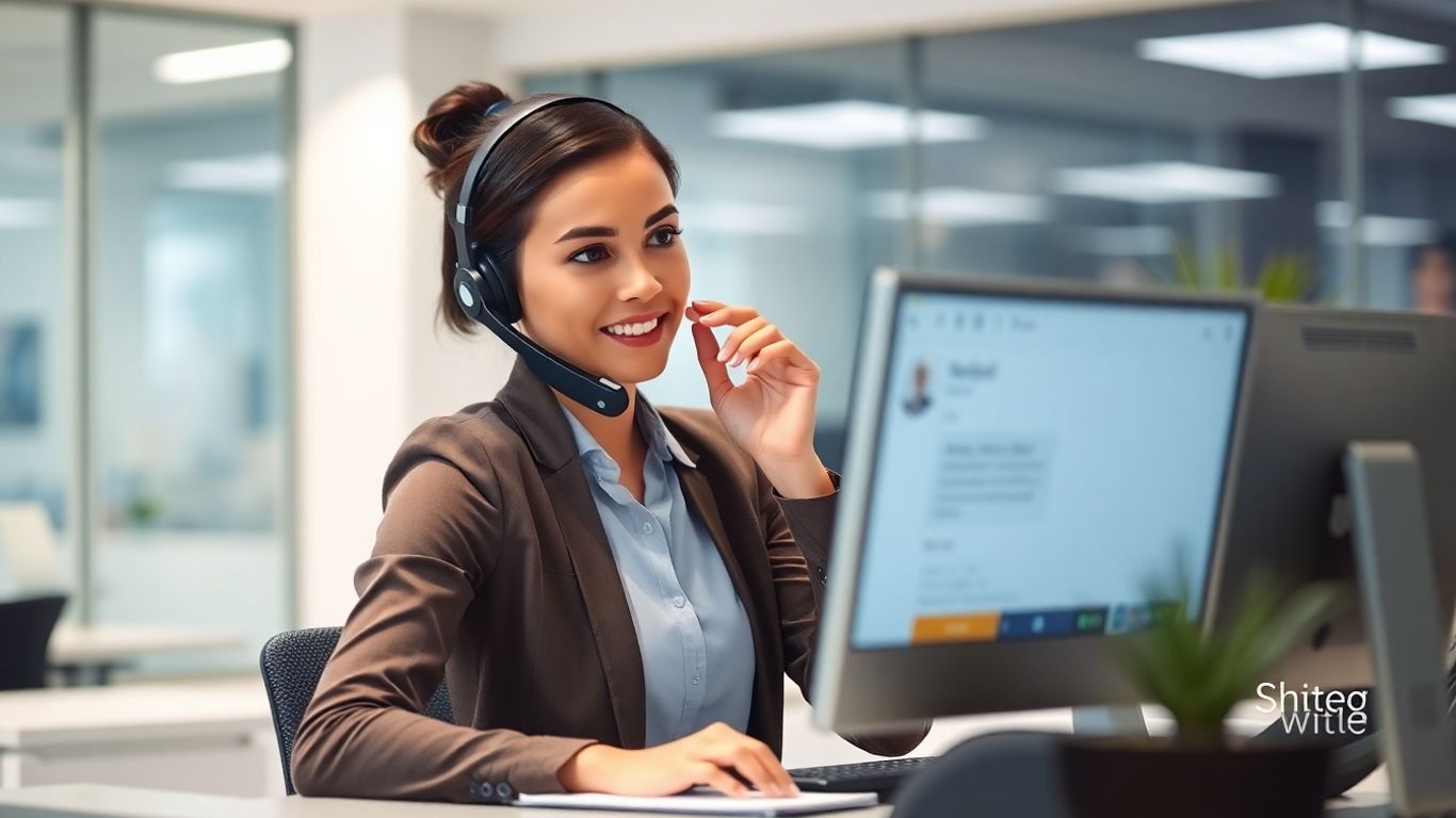 Receptionist answering call at modern office desk