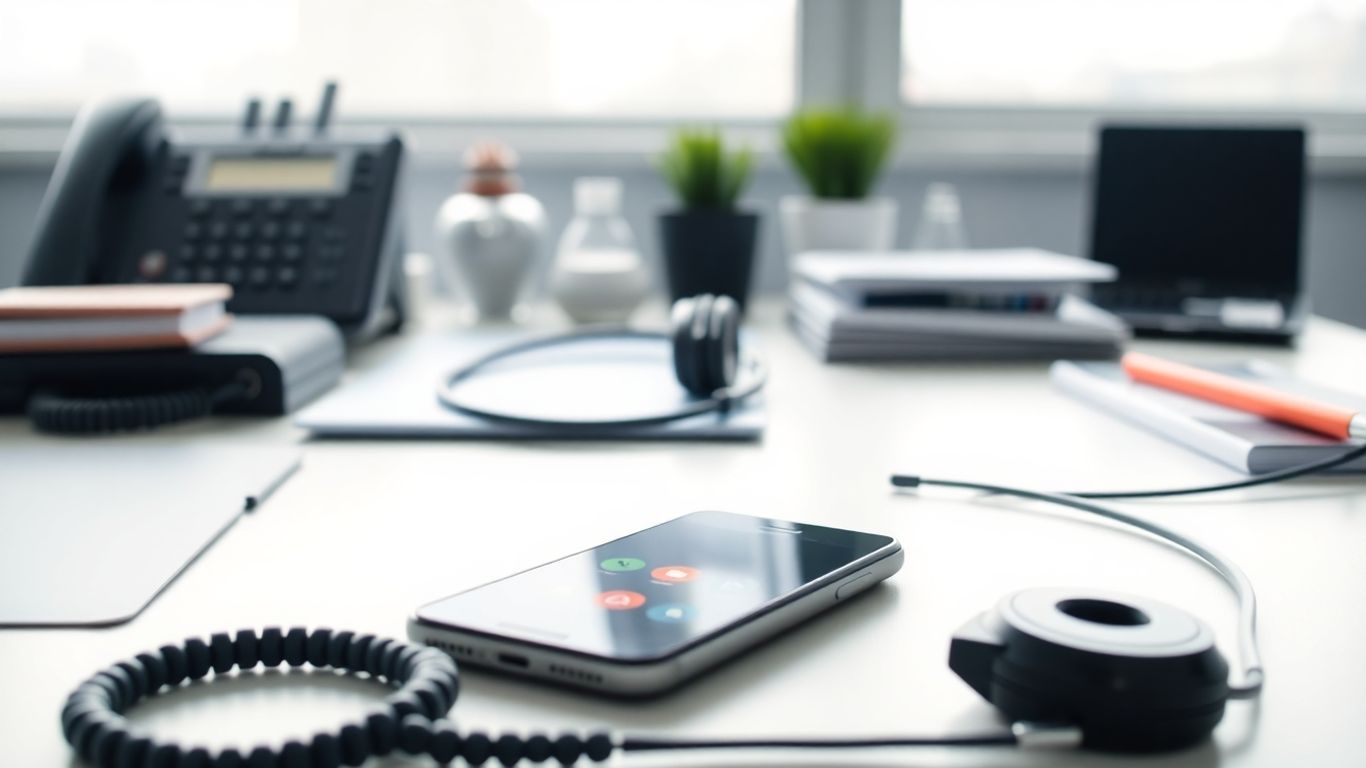 Smartphone with voicemail and SMS icons on office desk