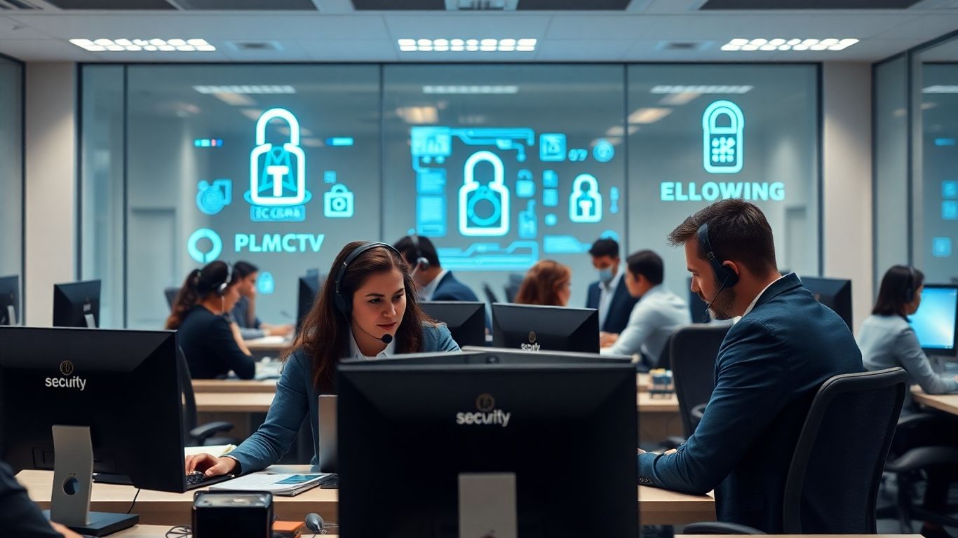 Office staff with headsets and biometric security devices