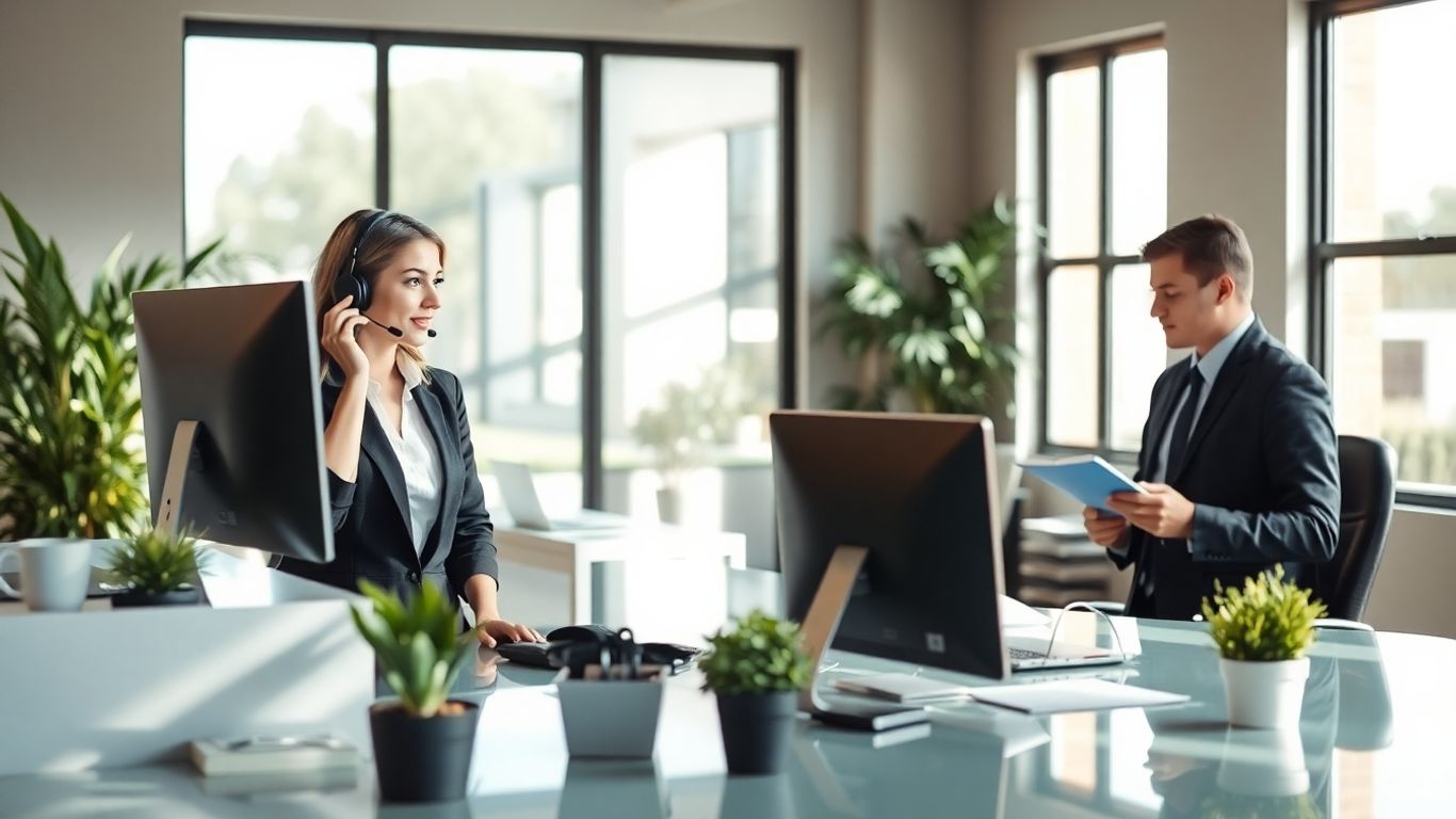 Receptionist with headset and business owner in sunny office