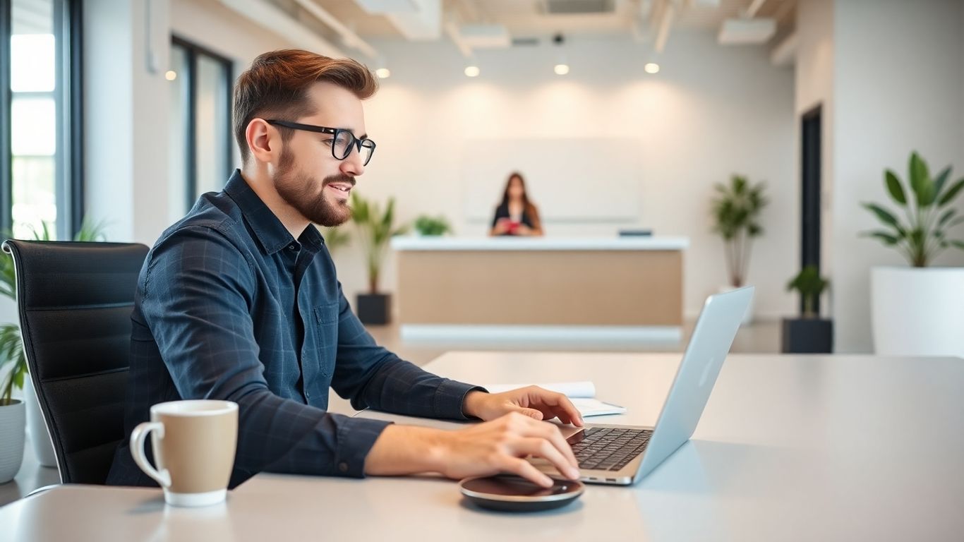 Small business owner researching receptionist services in office.