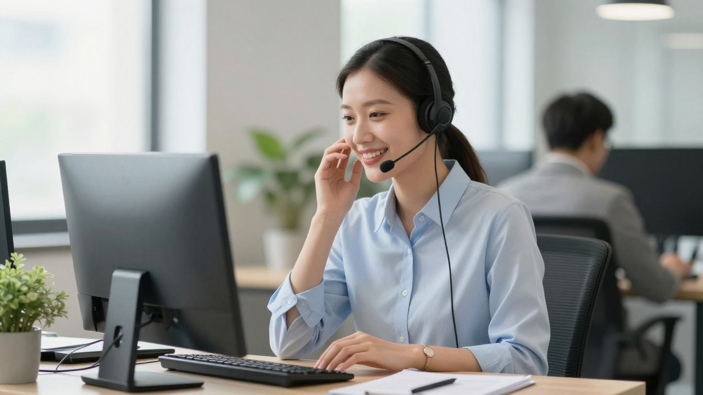 Receptionist using headset for customer service