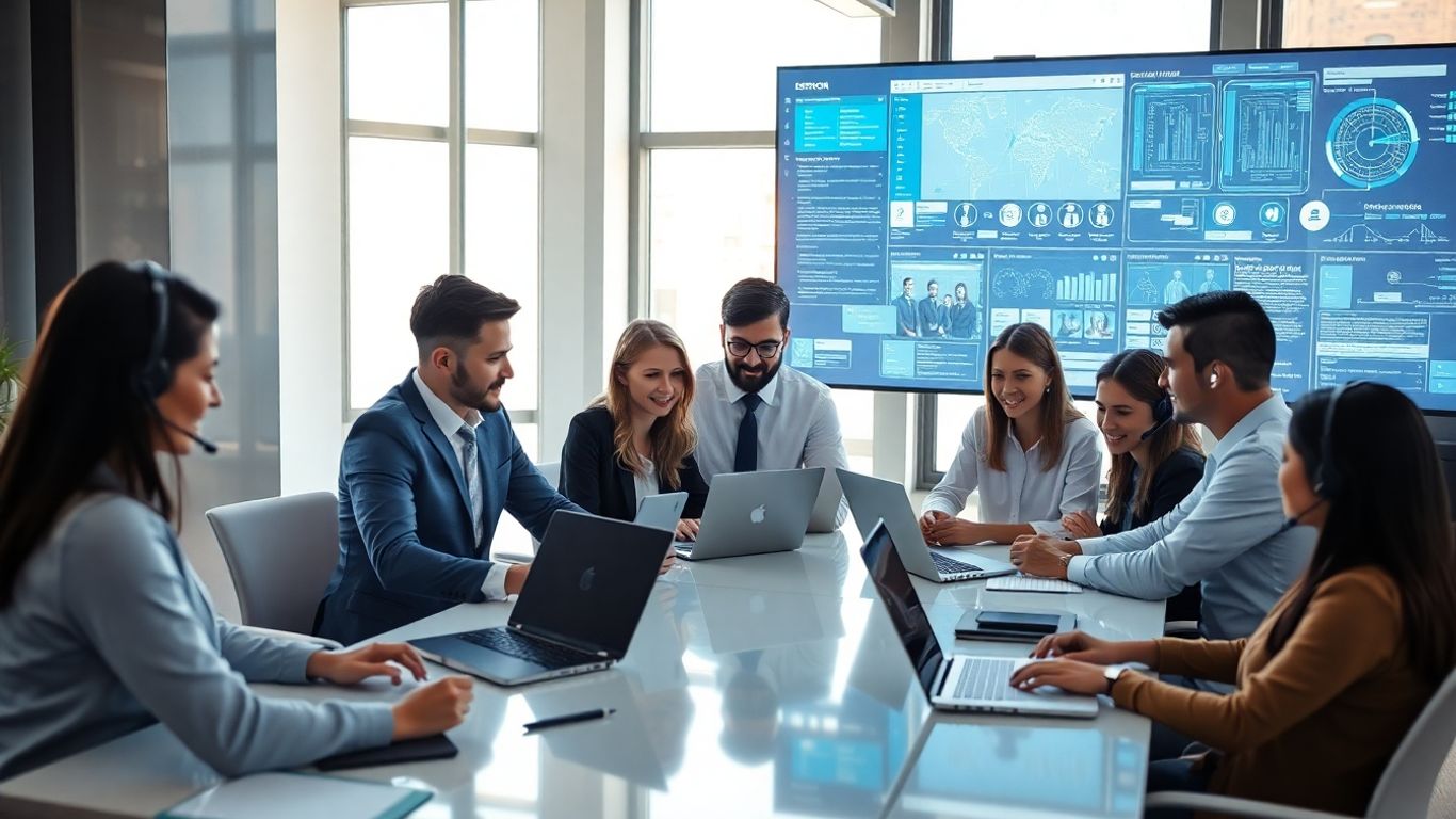 Modern office team using advanced technology together