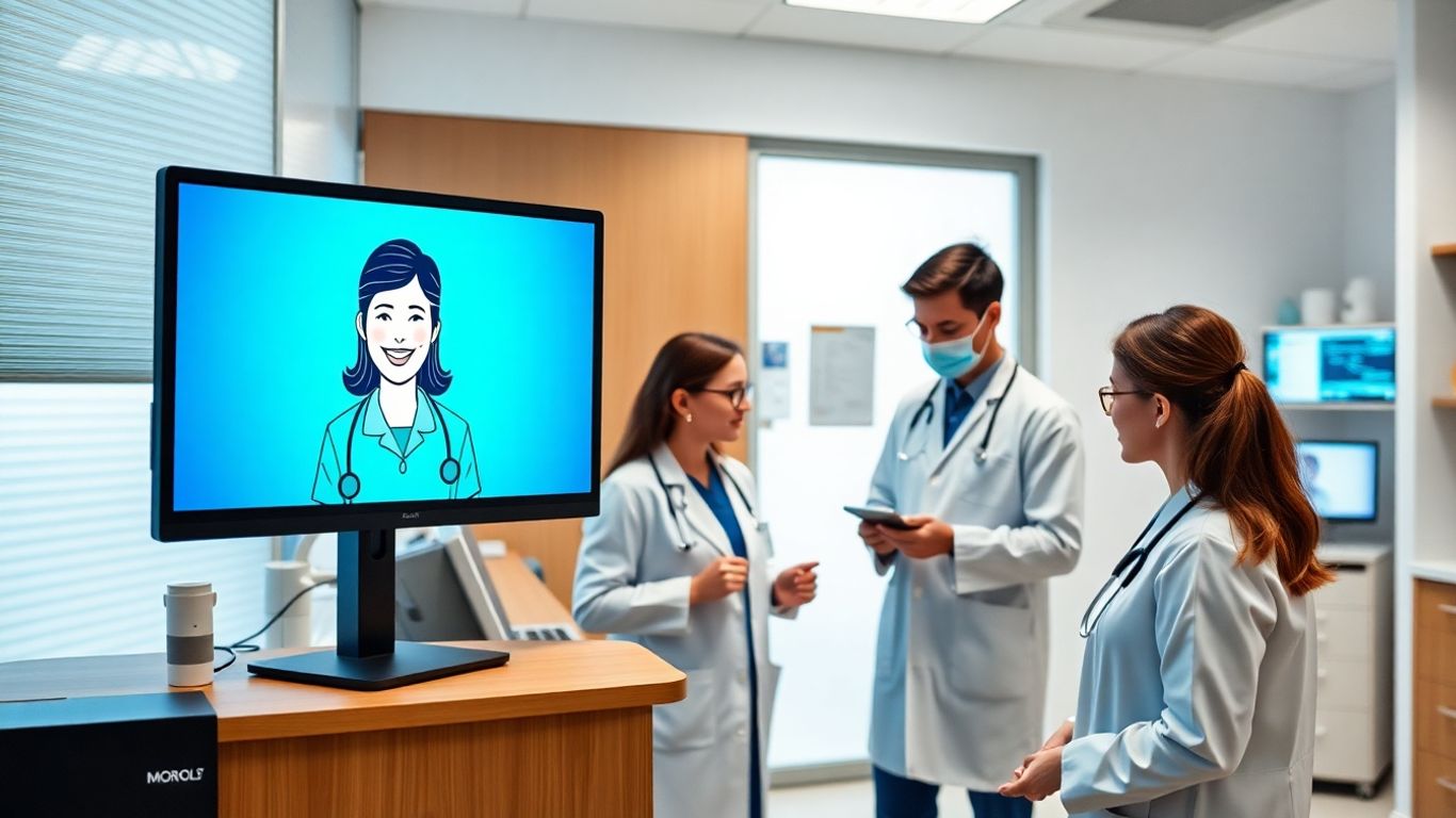 Doctor consults virtual receptionist in bright modern clinic.