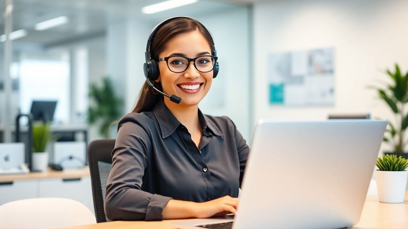 Virtual receptionist with headset at modern office desk