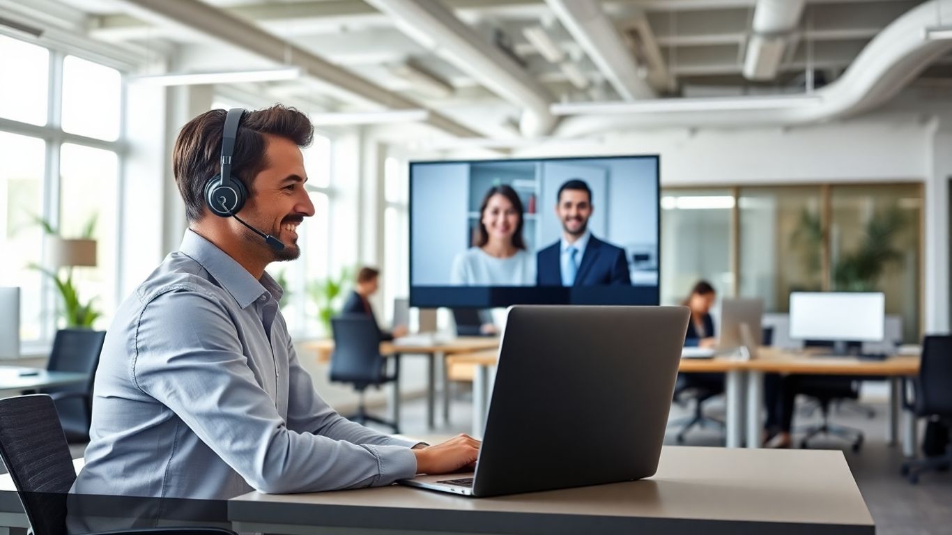 Professional using virtual receptionist in bright modern office