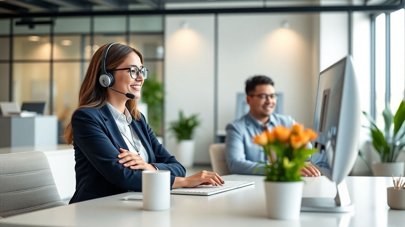 Business owner talking to virtual receptionist on computer.