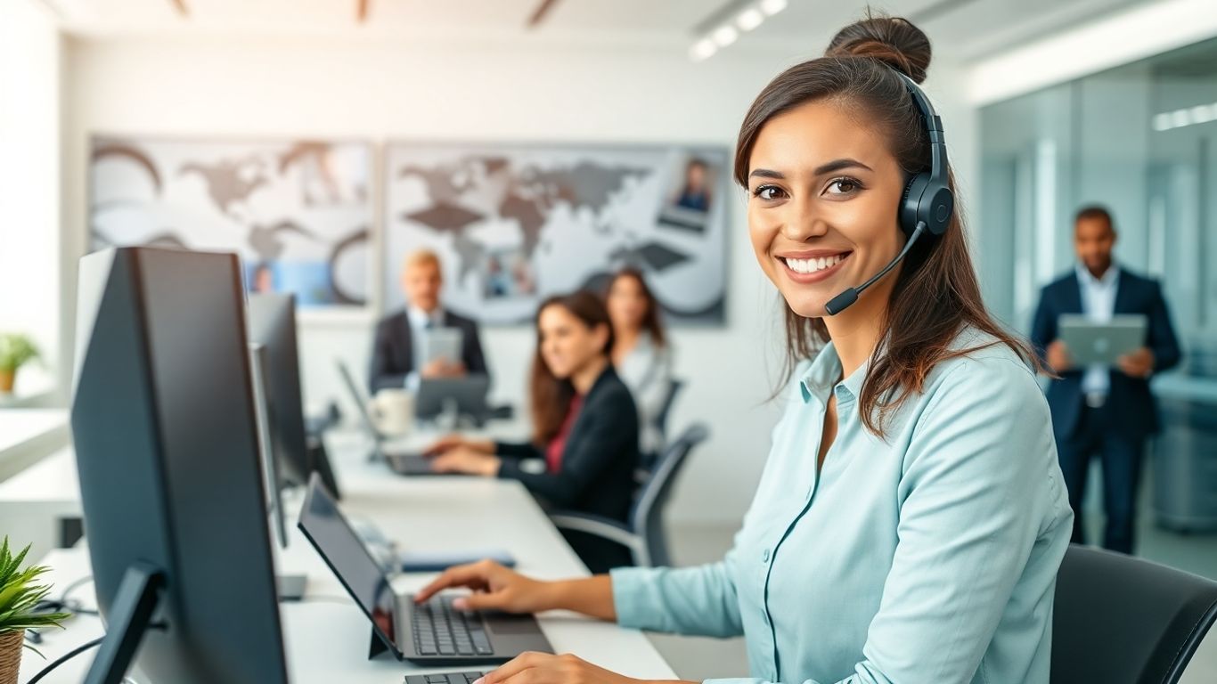Receptionist with headset in modern office answering virtual calls.