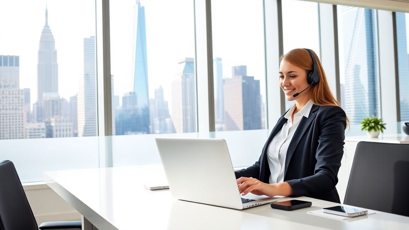 Receptionist with headset in New York office workspace