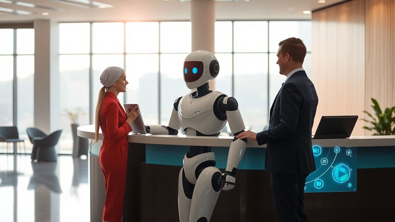 Robot receptionist greets visitor at a modern office desk.