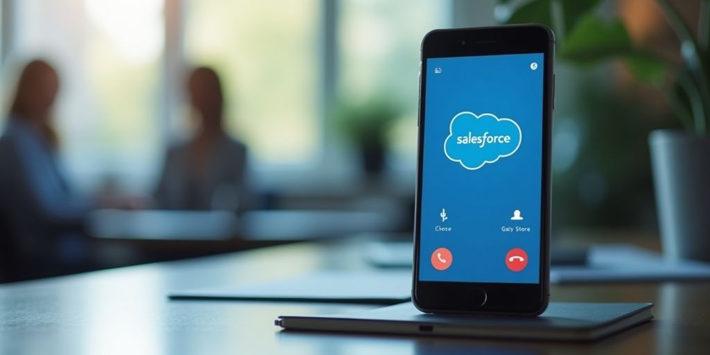 Smartphone on desk showing call interface in office setting.