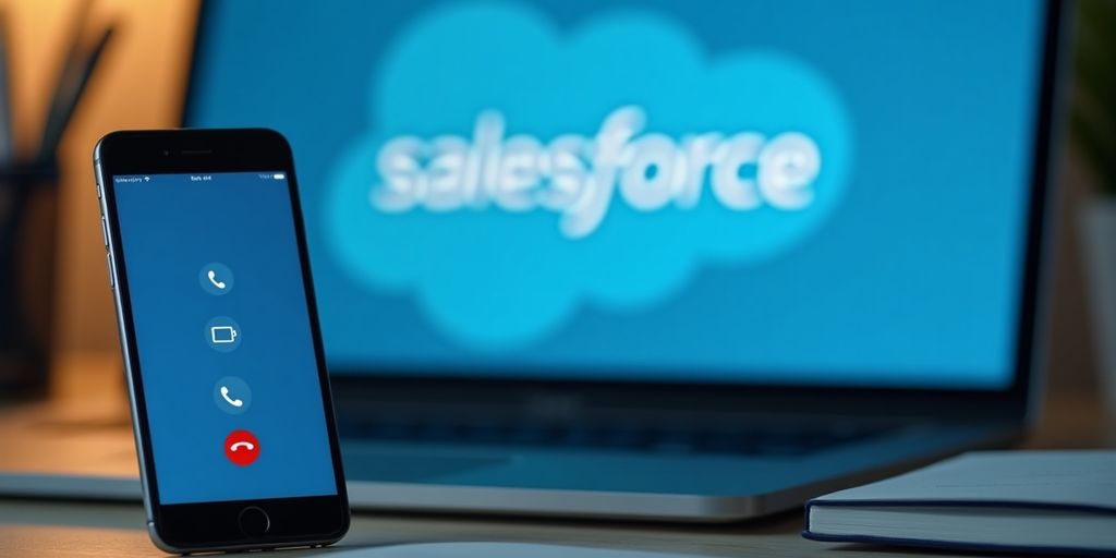 Smartphone with call interface and Salesforce logo in background.