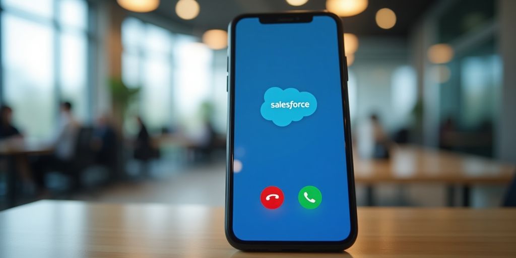 Smartphone with call interface against a modern office backdrop.