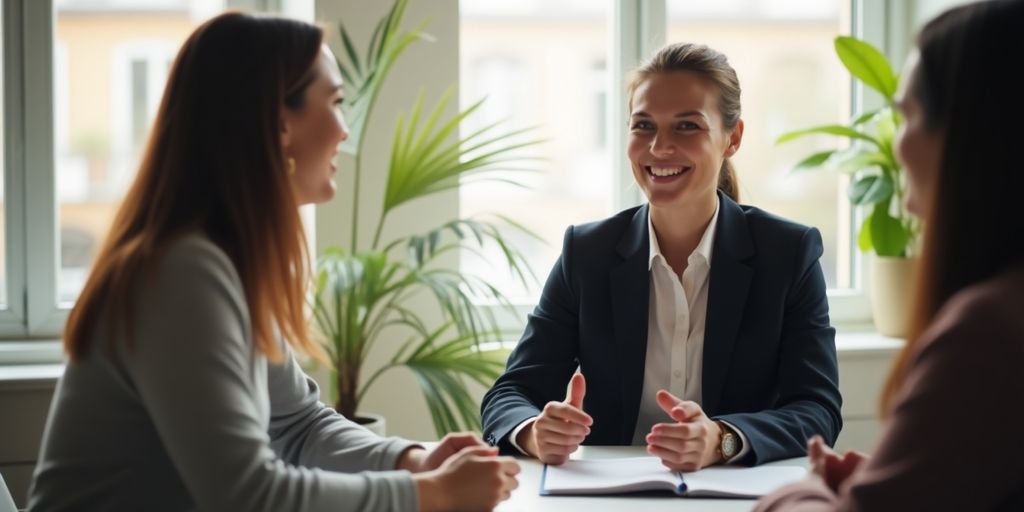Consultant interacting with clients in a bright office.