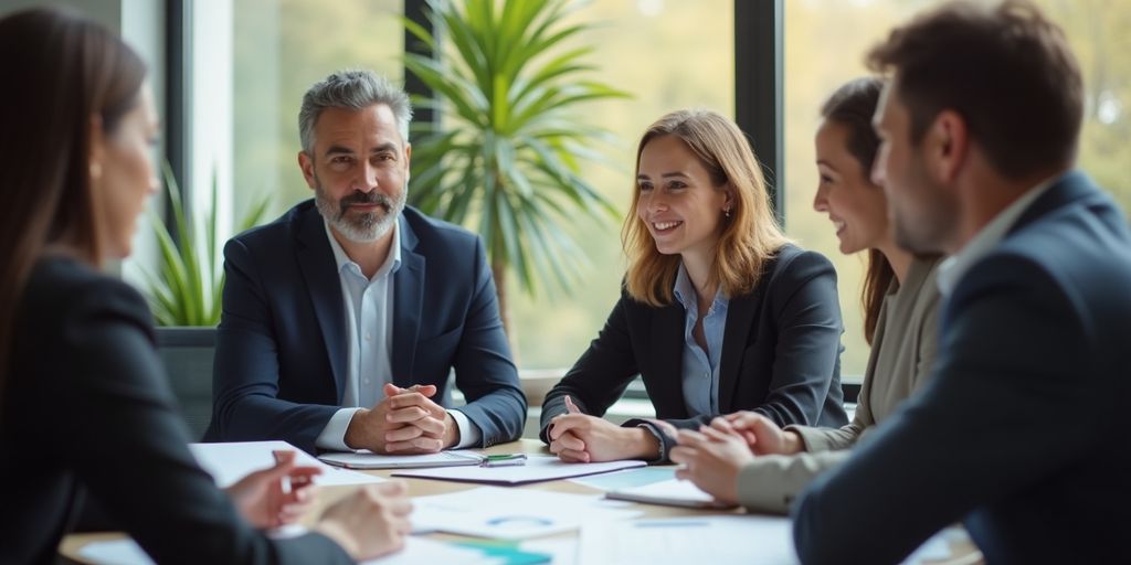 Consultant discussing strategies with clients in an office.