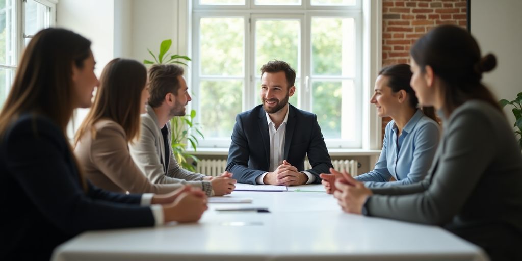 Consultant meeting with clients in a bright office.