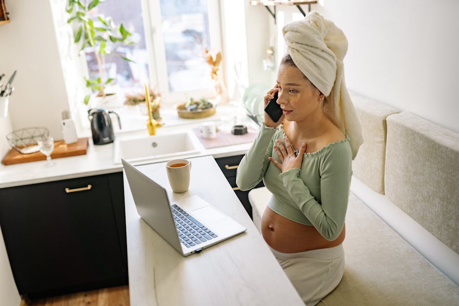 An illustration depicting a doula talking on the phone with a potential client, surrounded by supportive images like pregnant women and families.