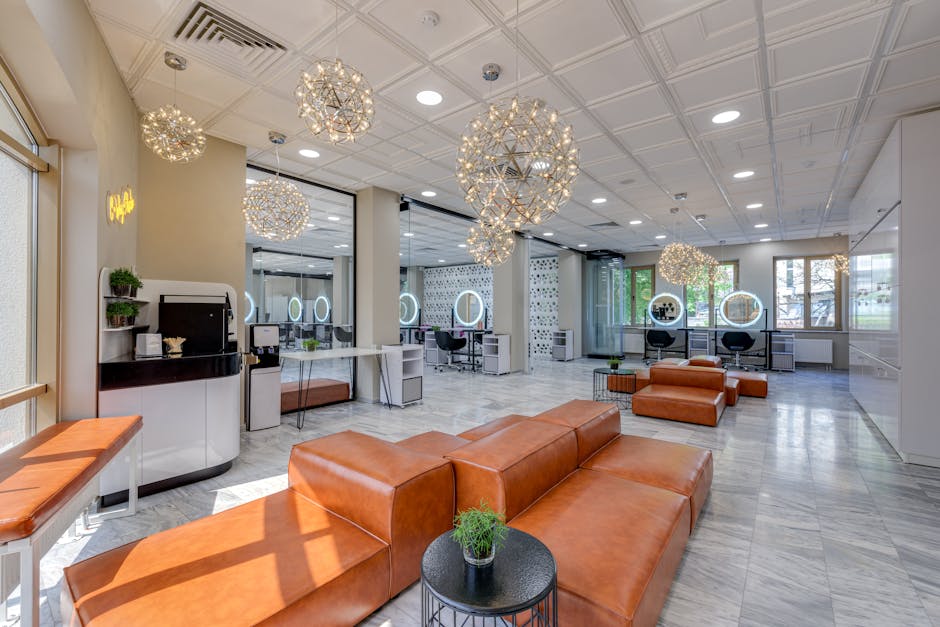 A modern nail salon reception area with a digital screen showing appointment slots available, in a bright and inviting atmosphere.