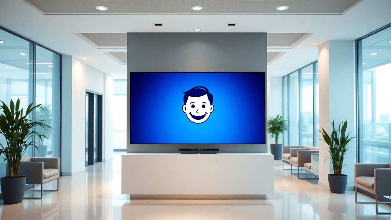 AI receptionist avatar smiling in a modern office.