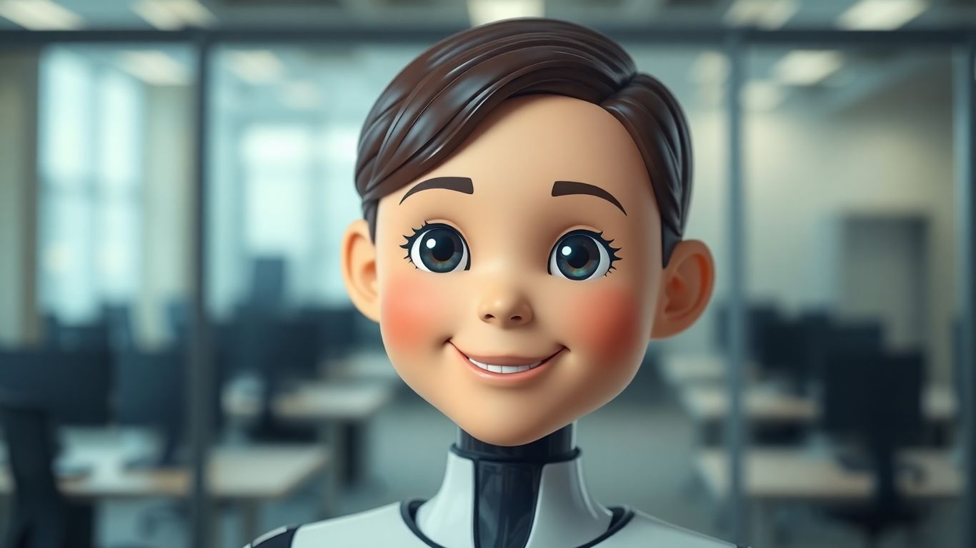 AI receptionist avatar in a modern office setting.