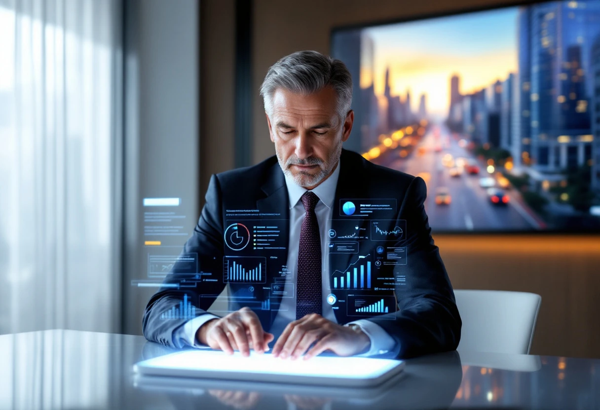 A busy insurance agent utilizing AI technology to receive real-time insights from customer interactions on their digital device, surrounded by charts and data representing lead engagement.