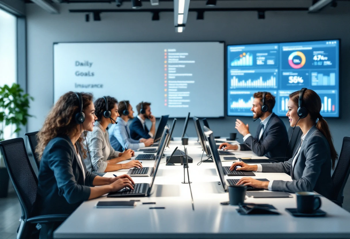 An image depicting a team of insurance agents engaging with clients through automated dialing and CRM systems.
