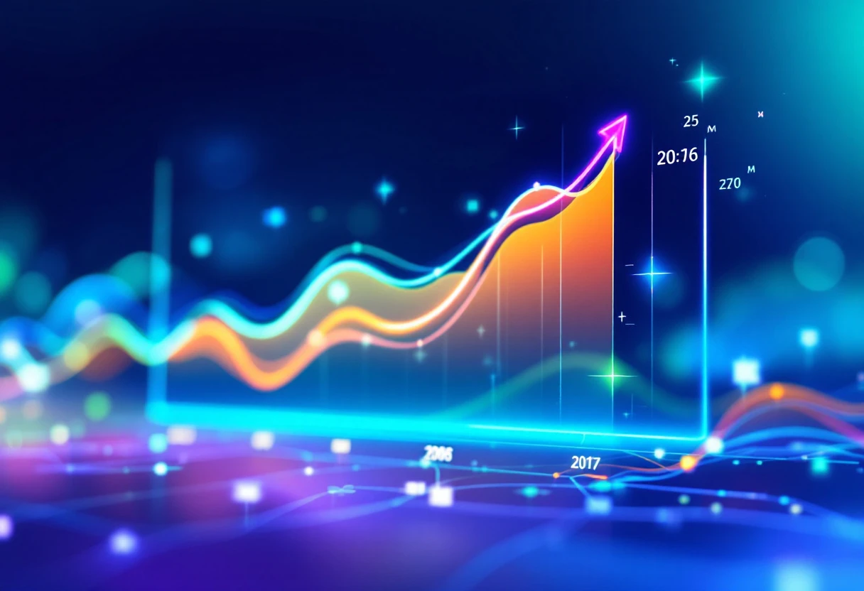 An image showing a vibrant graph or chart depicting rising leads and customer engagement metrics with a digital overlay of an AI interface.