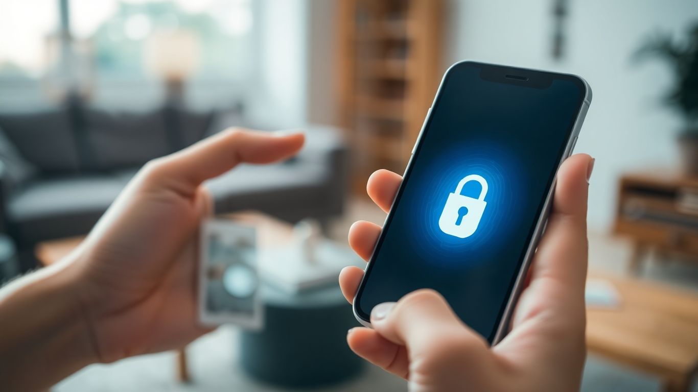 Person holds smartphone with digital security lock.